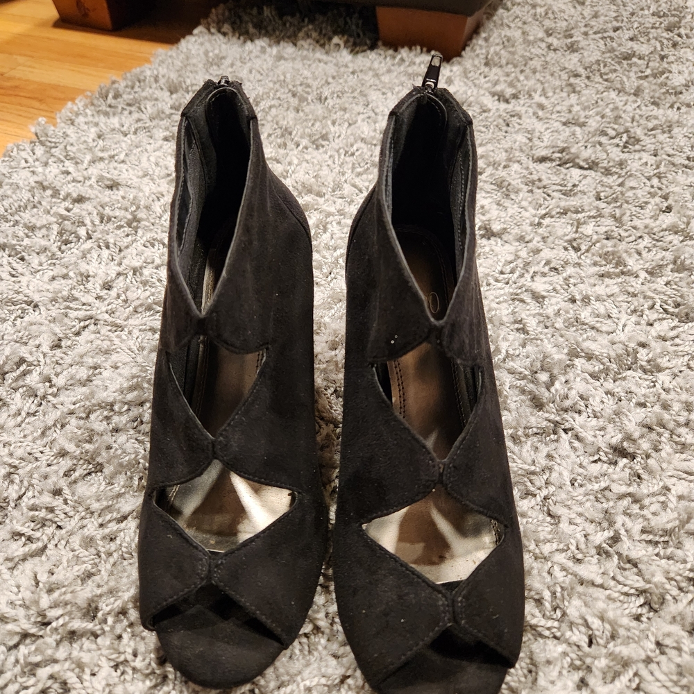 Impo Black Faux Suede Peep-Toe Heels